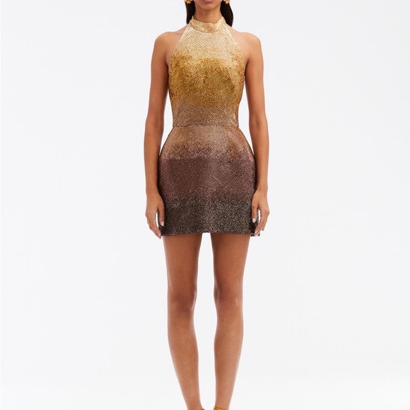 Oscar de la Renta Embellished BUGLE BEAD OMBRÉ DRESS
